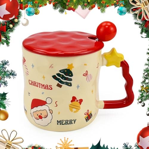 ADERTOS Tasses à Café et Thé en Céramique Père Noël Kawaii - Couvercle Inclus - Idéal en Occasions Spéciales - 4 Tasses