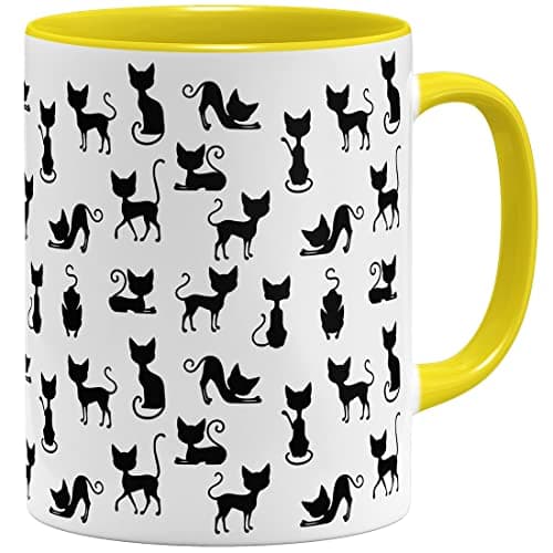 Tasse à café avec chat noir - Céramique 325 ml - Vert clair - Impression complète — Jaune,noir
