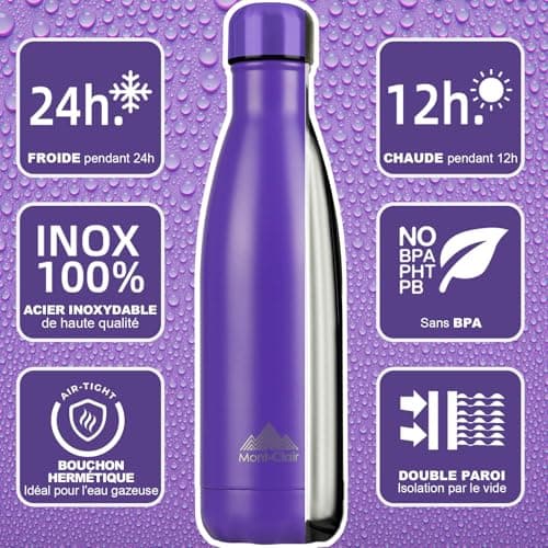 Mont-Clair l'O Gourde isotherme - 750ML, 24h froid & 12h chaud - Bouteille en inox sans BPA - Pourpre - Bouteille d'eau
