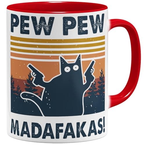 OM3 Pew Pew Madafakas - Tasse à café en céramique - Bleu clair - 325 ml - Imprimé des deux côtés — Rouge
