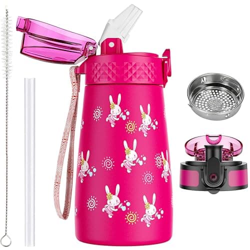 OLDLEY Bouteille d'eau isotherme en acier inoxydable pour enfants avec paille, 2 couvercles différents, 350 ml, sans BPA — Lapin Rose