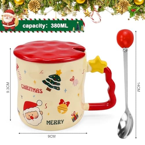 ADERTOS Tasses à Café et Thé en Céramique Père Noël Kawaii - Couvercle Inclus - Idéal en Occasions Spéciales - 4 Tasses