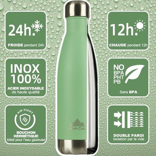 Mont-Clair H2O Gourde isotherme 500ML - Bouteille d'eau en acier sans BPA - 24h froid & 12h chaud - Vert clair  
Mont-Cl