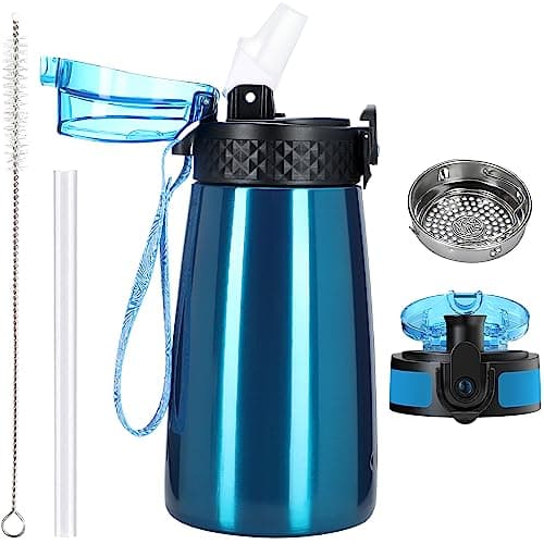 OLDLEY Bouteille d'eau isotherme en acier inoxydable pour enfants avec paille, 2 couvercles différents, 350 ml, sans BPA — Bleu Royal