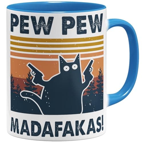OM3 Pew Pew Madafakas - Tasse à café en céramique - Bleu clair - 325 ml - Imprimé des deux côtés