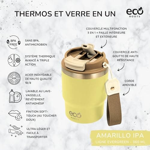 Evergreen ECOROOTS - Tasse Café Isotherme | Couvercle Antifuite | Acier Inoxydable | Sans BPA | Thermo Café Voyage | Tas