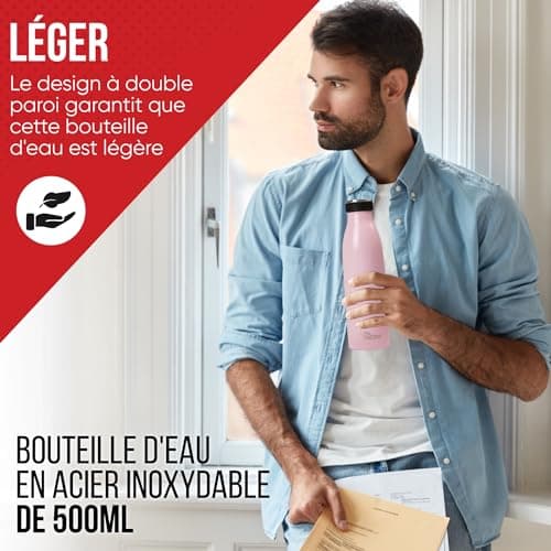 Otto Koning Gourde isotherme 500 ml - Conserve la température des boissons pendant 12-24h - Bouteille étanche sans BPA