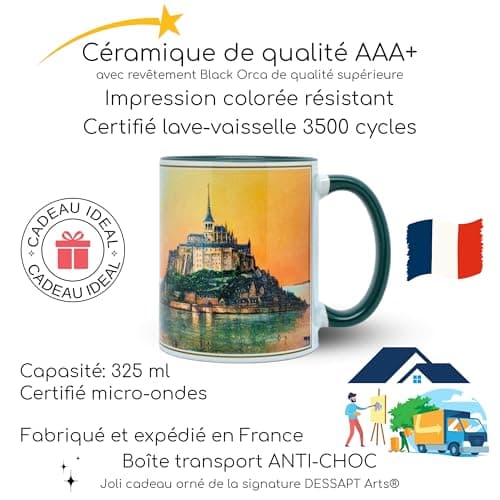 DESSAPT Arts - Mug de Mont Saint-Michel 325 ml en Céramique - Tasse-Cadeau Unique avec Paysages Magnifiques - Blanc et V