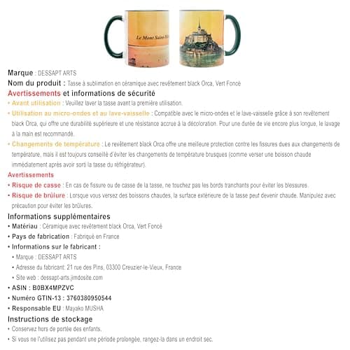 DESSAPT Arts - Mug de Mont Saint-Michel 325 ml en Céramique - Tasse-Cadeau Unique avec Paysages Magnifiques - Blanc et V