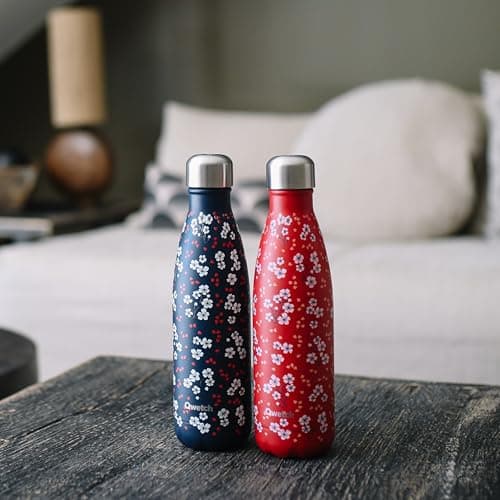 Qwetch Bouteille Isotherme Hanami Bleu 500ml - 24h Froid / 12h Chaud, Étanche / Sans BPA / Réutilisable - Gourde Inox Pa