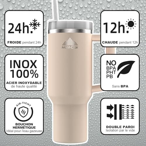 Mont-Clair Tumbler 1200ml - Gourde Isotherme 40oz avec Paille & Couvercle Poignée - 10h Chaud / 48h Froid - Mug pour Boi