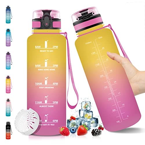 Vikaster Gourde Sport Mat Rose Clair - 500 ML Bouteille d'Eau Sans BPA Étanche & Réutilisable avec Filtre & Marqueur de — Jaune & Rose -1.5l