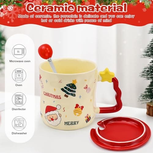 ADERTOS Tasses à Café et Thé en Céramique Père Noël Kawaii - Couvercle Inclus - Idéal en Occasions Spéciales - 4 Tasses