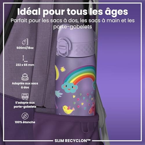 Ion8 Gourde Anti-Fuite Verrouillage Sécurisé 500ml Sans BPA Poignée de Transport Licornes Violet