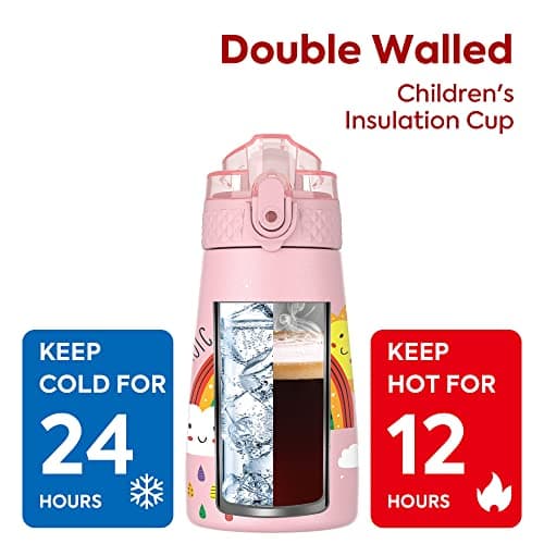 OLDLEY Bouteille d'eau isotherme en acier inoxydable pour enfants avec paille, 2 couvercles différents, 350 ml, sans BPA