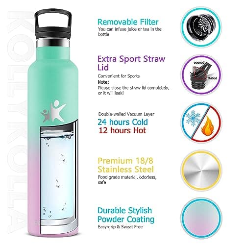 KollyKolla Gourde Isotherme 1L, Inox avec Paille, Anti-Fuite, Réutilisable pour Enfant et Adulte, Sport, Voyage - 2 Couv