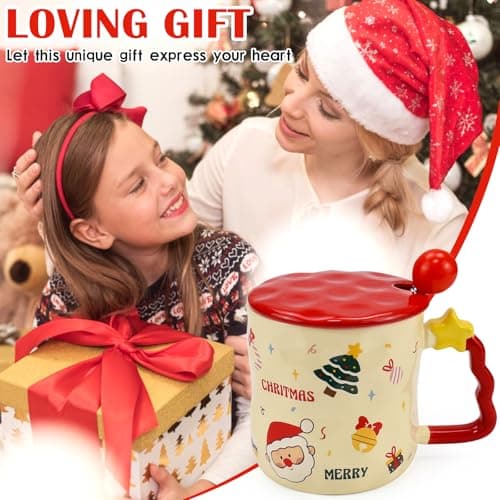 ADERTOS Tasses à Café et Thé en Céramique Père Noël Kawaii - Couvercle Inclus - Idéal en Occasions Spéciales - 4 Tasses