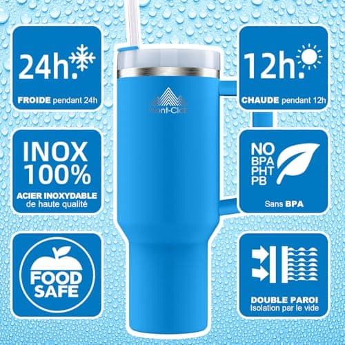 Mont-Clair Tumbler 40oz Gourde Isotherme 1200ml - 10h Chaud / 48h Froid - Bleu - avec Paille et Poignée