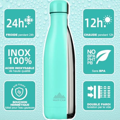 Mont-Clair Gourde Isotherme 750ml sans BPA - 24h Froid /12h Chaud, Bouteille d'Eau en Acier Inoxydable, Bleu Clair - Par