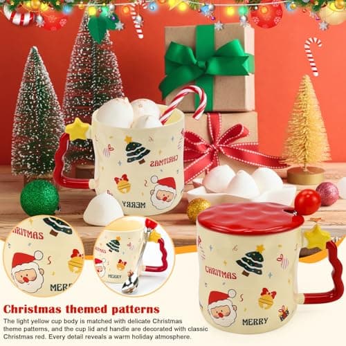 ADERTOS Tasses à Café et Thé en Céramique Père Noël Kawaii - Couvercle Inclus - Idéal en Occasions Spéciales - 4 Tasses