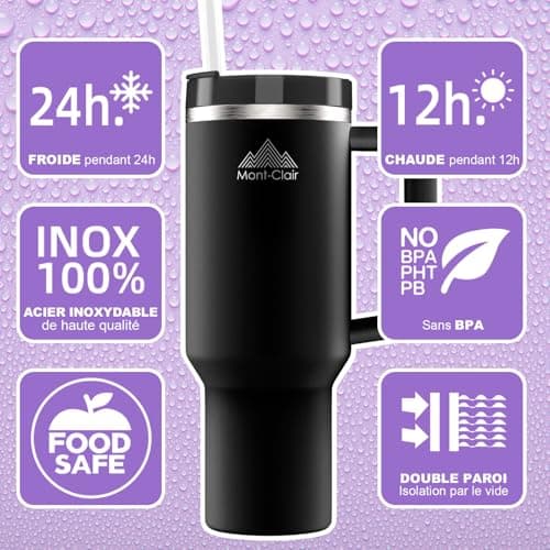 Mont-Clair Tumbler 40oz - Gourde Isotherme Noir Glacé 48h Froid 1200ml