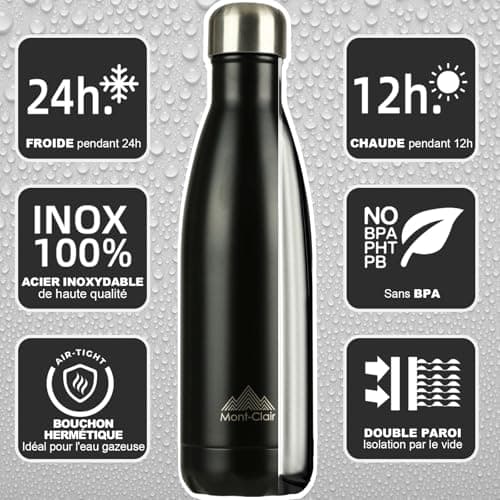 Mont-Clair Gourde isotherme sans BPA 500ml - 24h froid & 12h chaud, Bouteille d'eau inox durable - Noir