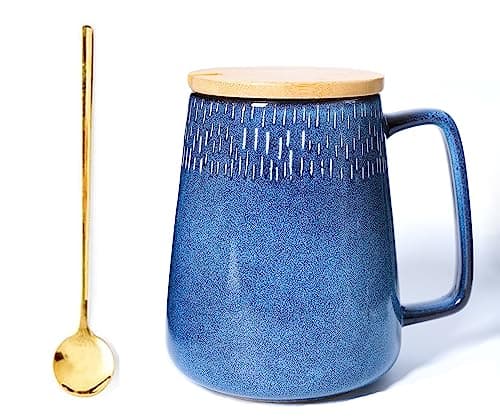 Céahrow Grande tasse à café en céramique bleu clair, résistante au lave-vaisselle et au micro-onde, idéale pour bureau e — Bleu Ciel avec Couvercle