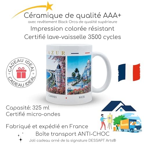 DESSAPT Arts - Tasse-Cadeau Côte d'Azur 325ml - Mug Céramique Blanc Brillant avec Paysages de Nice/Cannes/Monaco - Impri