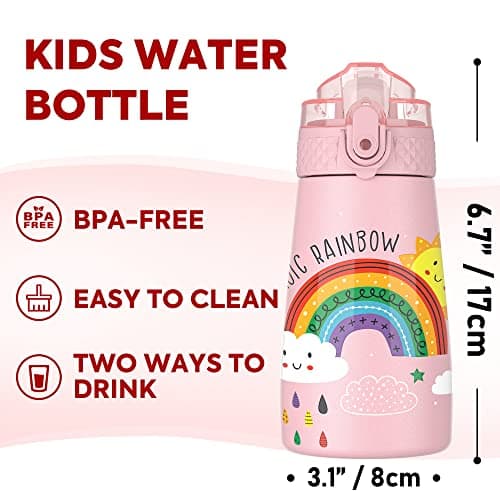 OLDLEY Bouteille d'eau isotherme en acier inoxydable pour enfants avec paille, 2 couvercles différents, 350 ml, sans BPA