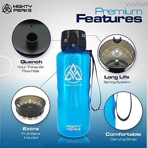 MIGHTY PEAKS Gourde de sport 2 l sans BPA - Anti-fuite - Pour le fitness - Infuseur à fruits - Bouteille d'eau - 2 L - B