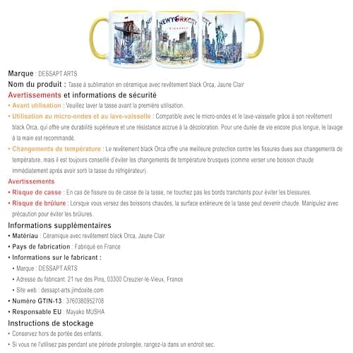 DESSAPT Arts - Mug Céramique Blanc et Jaune Clair - Nouveau Yorkavec Design Exclusif - Cadeau Unique - 325 ml