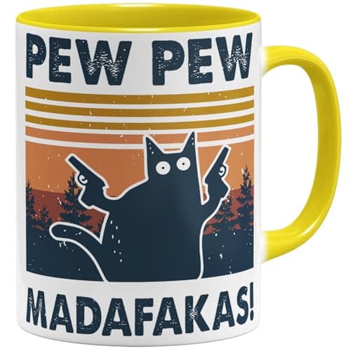 OM3 Pew Pew Madafakas - Tasse à café en céramique - Bleu clair - 325 ml - Imprimé des deux côtés — Jaune
