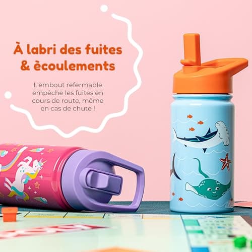 Gourde Isotherme Enfant Anti-fuite (8 oz) sans BPA, Bouteille Boisson Chaude/Froide Double Paroi Inox 414ML, 24h Isolati