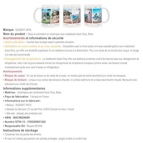 DESSAPT Arts - Tasse-Cadeau Côte d'Azur 325ml - Mug Céramique Blanc Brillant avec Paysages de Nice/Cannes/Monaco - Impri