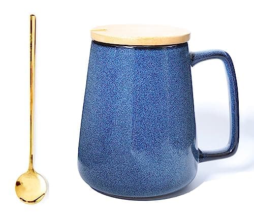 Céahrow Grande tasse à café en céramique bleu clair, résistante au lave-vaisselle et au micro-onde, idéale pour bureau e — Bleu avec Couverture