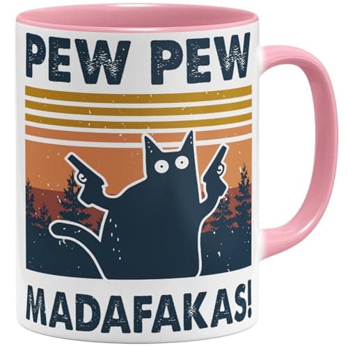 OM3 Pew Pew Madafakas - Tasse à café en céramique - Bleu clair - 325 ml - Imprimé des deux côtés — Rose