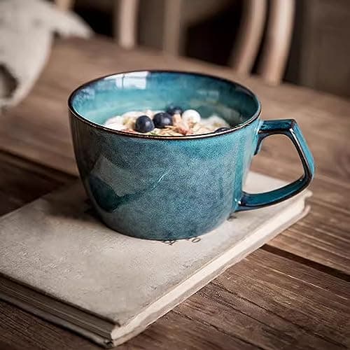 Grand bol à soupe avec poignée | Capacité de 600 ml | Idéal pour le petit-déjeuner | Convient aux desserts au lait | Oeu — Bleu