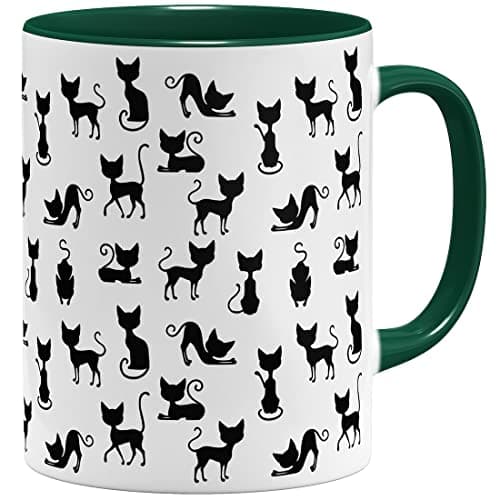 Tasse à café avec chat noir - Céramique 325 ml - Vert clair - Impression complète — Noir,vert