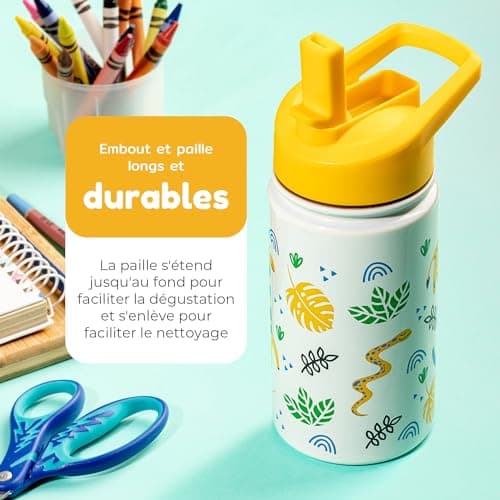 Gourde BOZ Isotherme Enfant 414ML Anti-fuite | Inox Double Paroiisolante & Motif Anti-Rayures Safari, Sans BPA