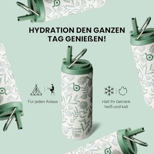 Bottlebottle Gourde en acier inoxydable avec paille 500 ml sans BPA couvercle anti-fuite Flourishing Flowers idéale pour