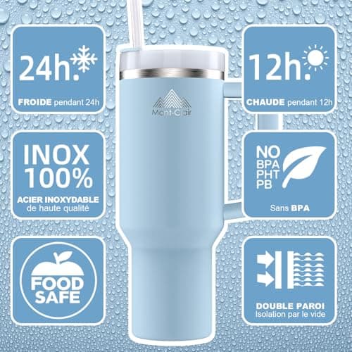 Mont-Clair Tumbler 40oz - Mug Isotherme 10h Chaud / 48h Froid avec Paille - 1200ml Gourde Boissons Poignée