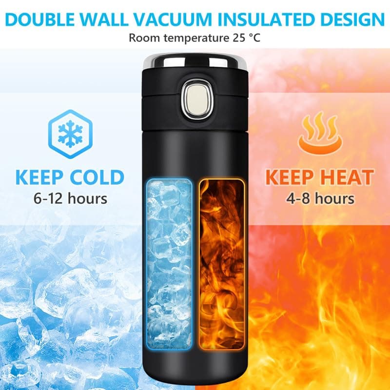 Flintronic Gourde Isotherme 450ML en Acier Inoxydable, Bouteille Isolée avec Indicateur de Température LED, Tasse pour V
