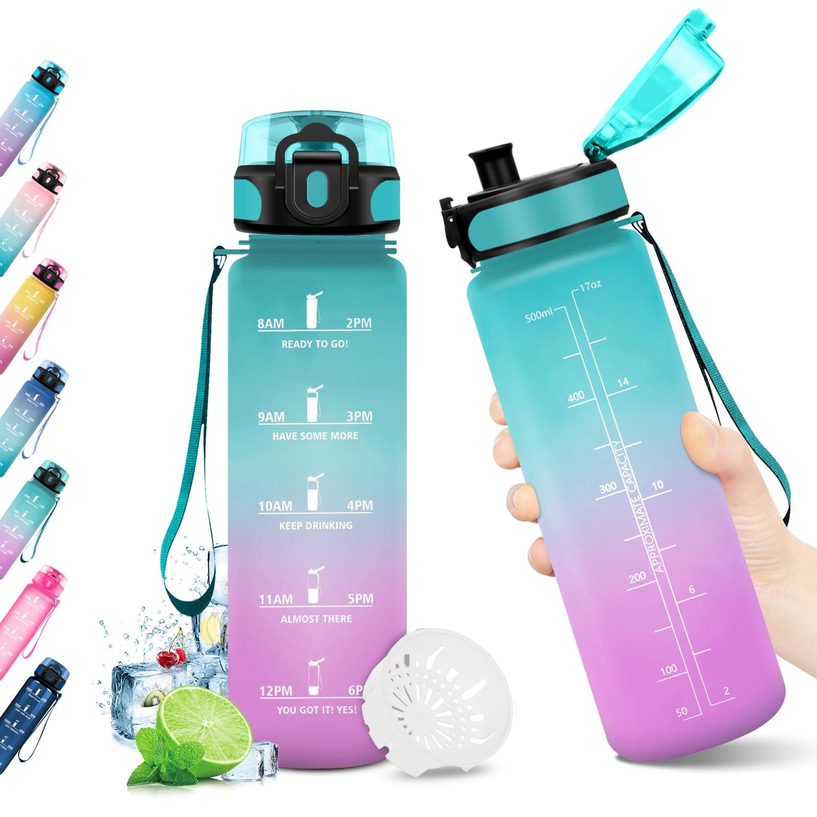 Gourde KollyKolla Enfant 500ml Étanche Réutilisable pour Maternelle École Sport Campings avec Marqueur de Temps Filtre S