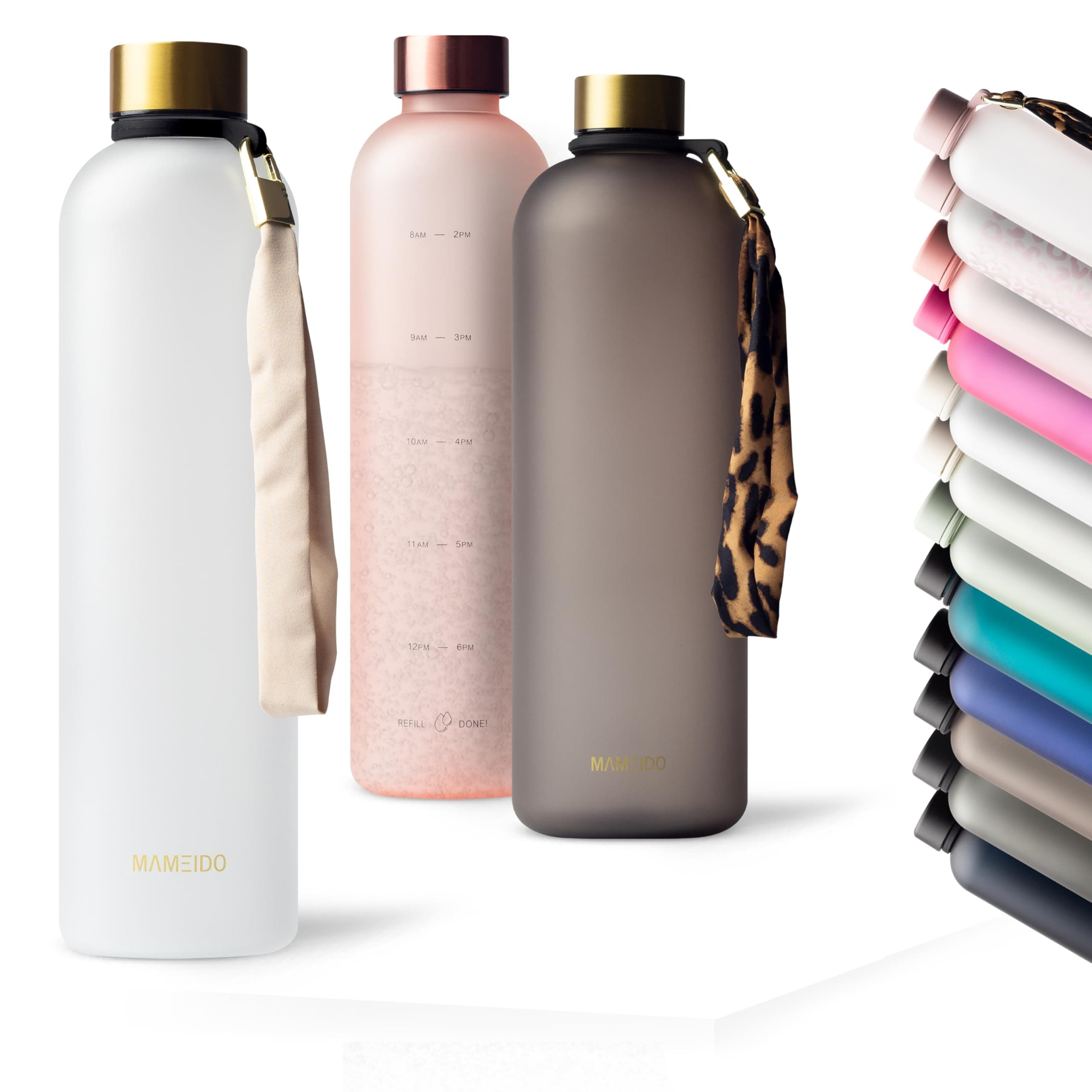 MAMEIDO Gourde Design Plastique 1 L pour Femmes au Travail avec Marqueur de Temps de Motivation Etanche Sans BPA (Froste