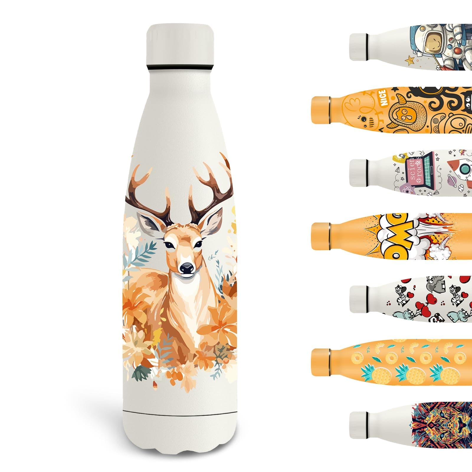 Gourde Grsta Isotherme en Blanche pour Enfant avec Cerf, Anti Fuite et Pour le Sport, Facile à Transporter et Sans BPA