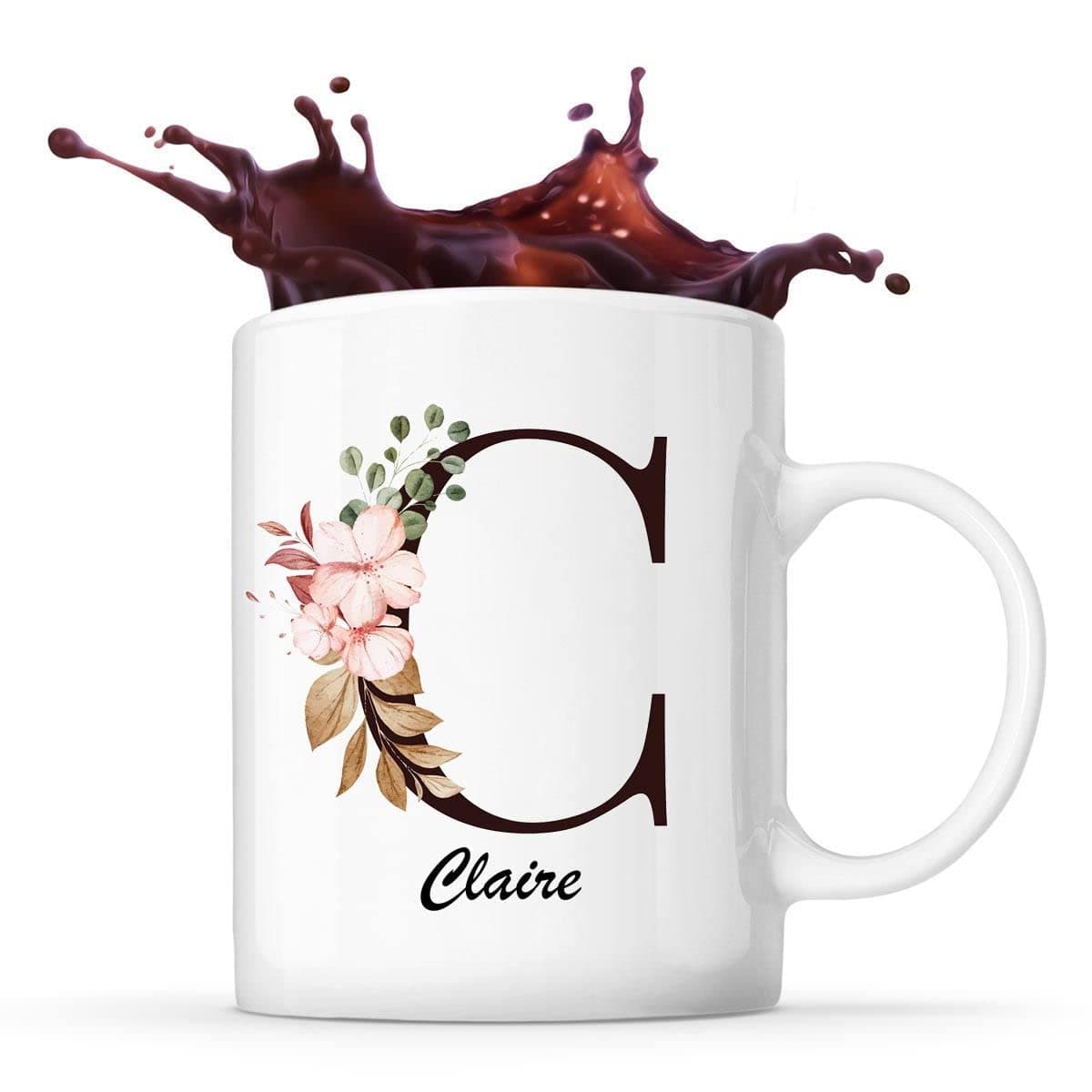 Mug Claire | Tasse prénom femme personnalisée avec fleur | Cadeau élégant pour anniversaire, Noël, fête des mères | Tass