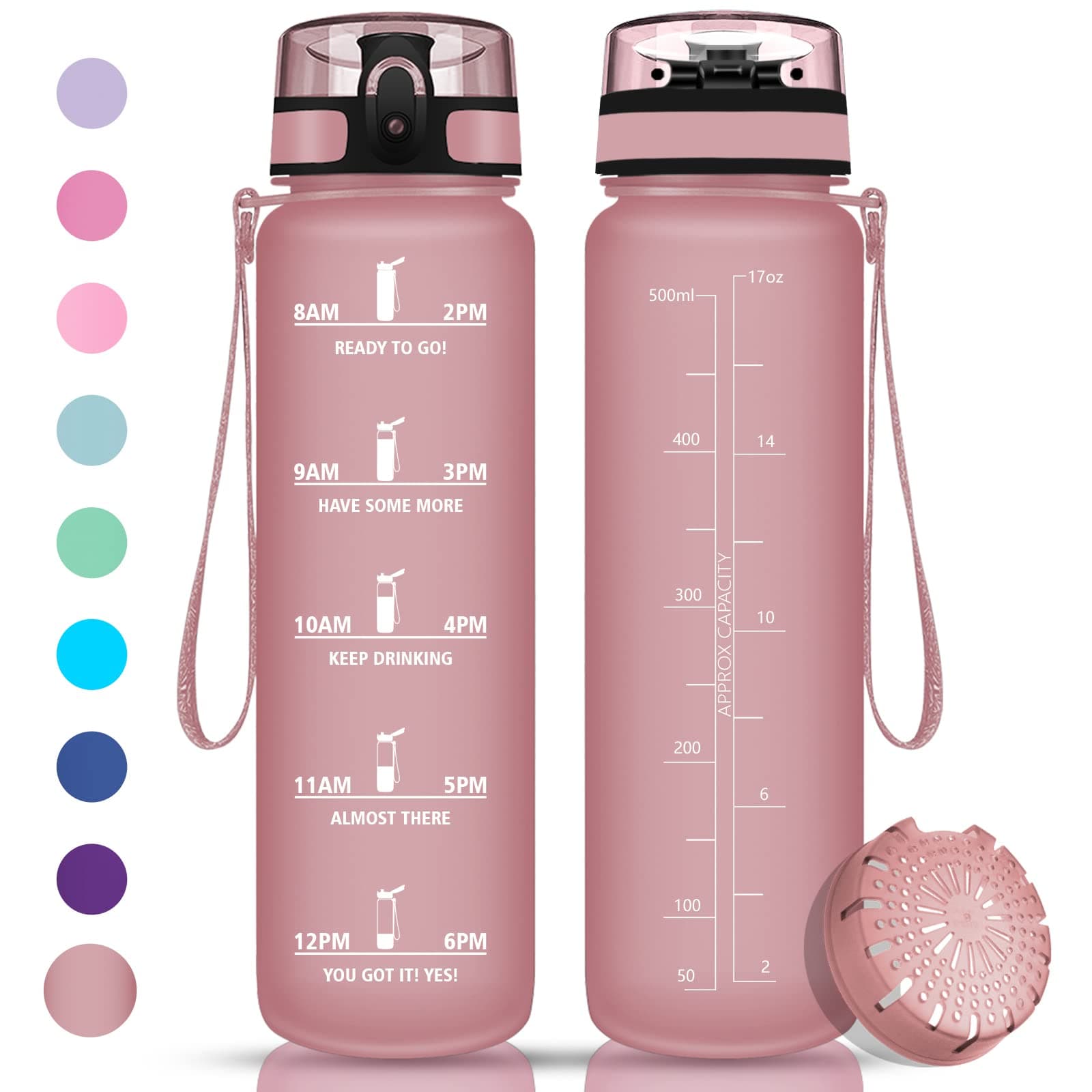 Vikaster Gourde Sport Mat Rose Clair - 500 ML Bouteille d'Eau Sans BPA Étanche & Réutilisable avec Filtre & Marqueur de