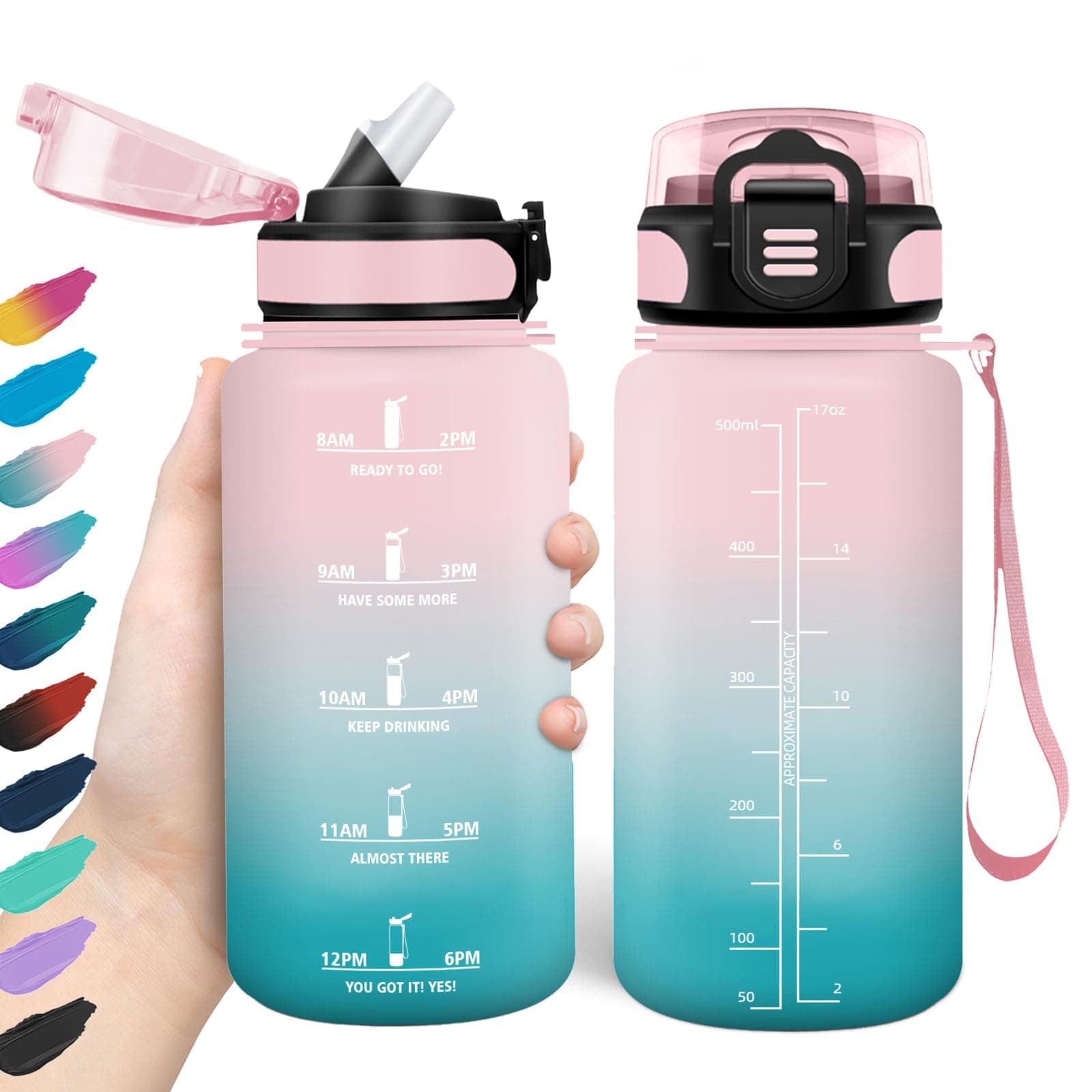 HoneyHolly Gourde Paille 500ml Sans BPA Étanche Bouteille de Motivation avec Marqueur de Temps pour Gym Ecole Sport Cycl