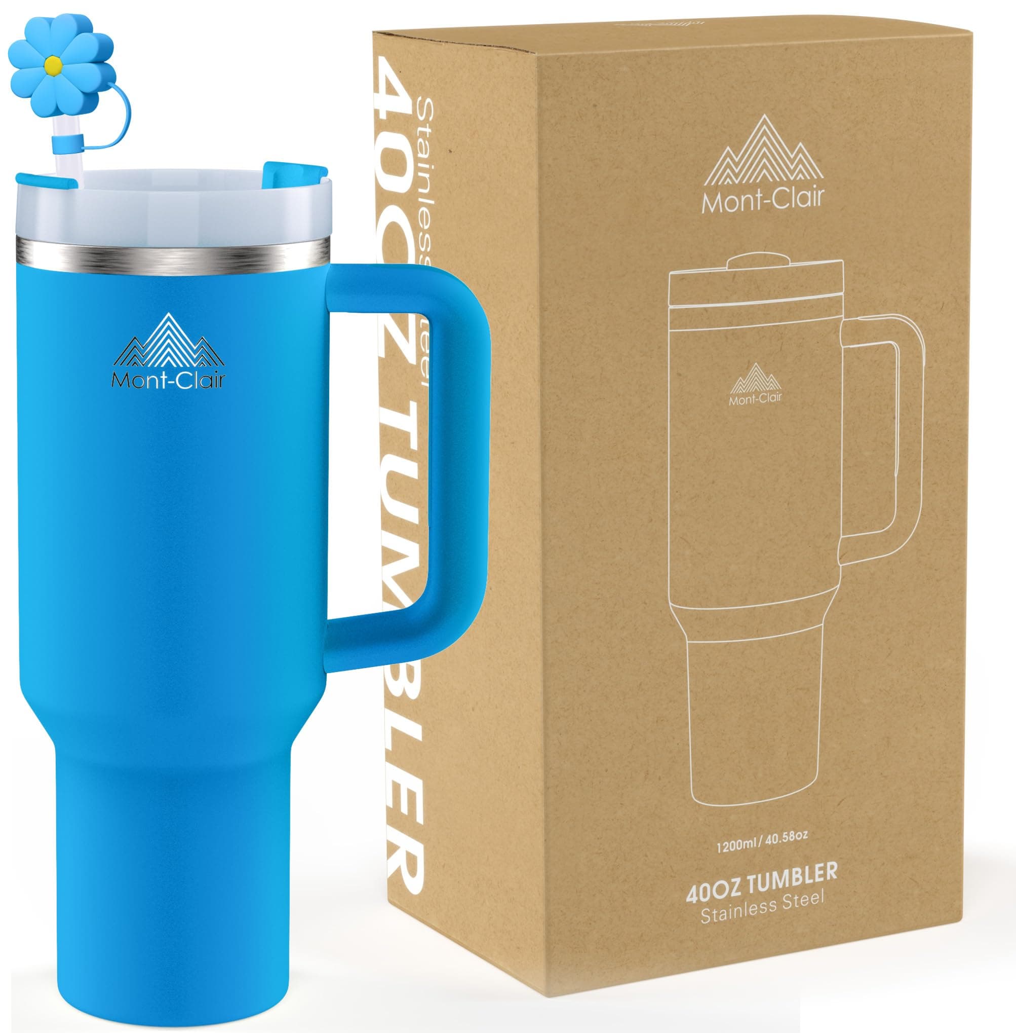 Mont-Clair Tumbler 40oz Gourde Isotherme 1200ml - 10h Chaud / 48h Froid - Bleu - avec Paille et Poignée
