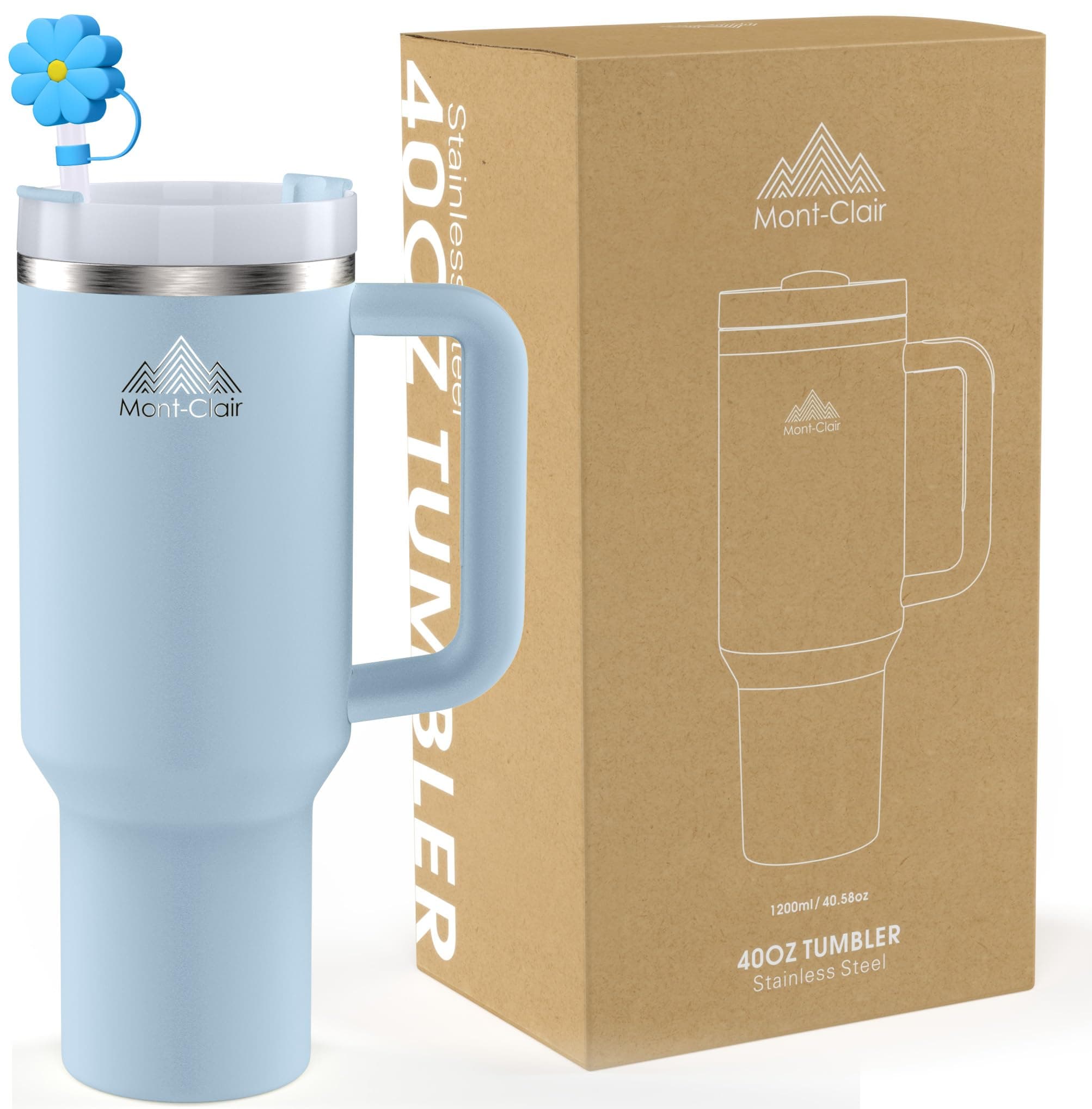 Mont-Clair Tumbler 40oz - Mug Isotherme 10h Chaud / 48h Froid avec Paille - 1200ml Gourde Boissons Poignée